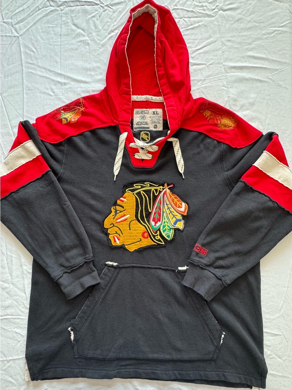 CCM Men’s Black & Red Vintage Hoodie Sweater with Chicago Blackhawks Crest